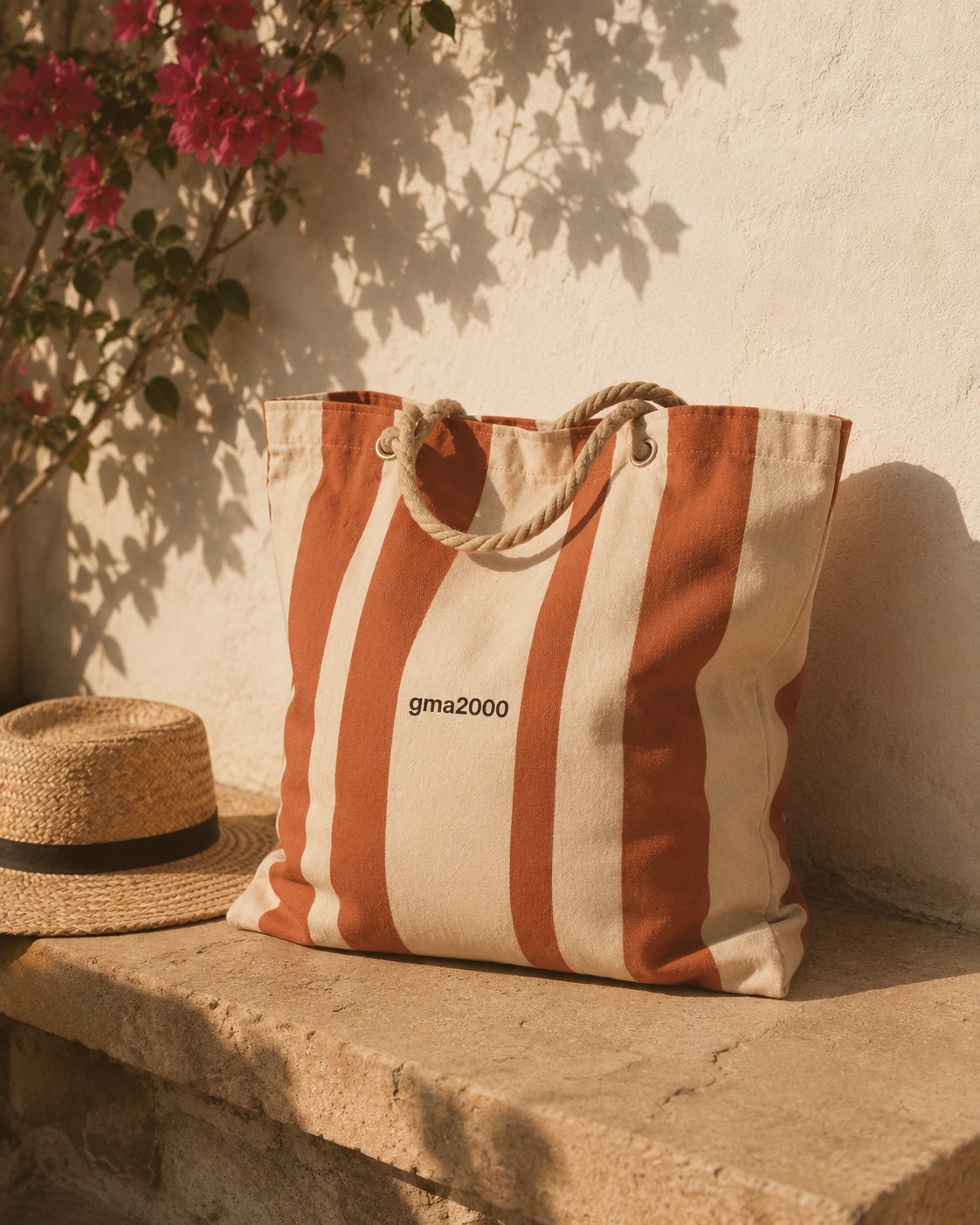 Striped gma2000 beach bag on a stone bench
