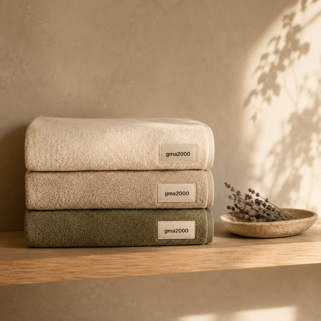 Stacked gma2000 towels with woven label