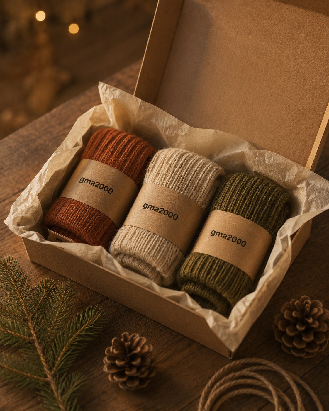gma2000 socks in a kraft box with printed bands