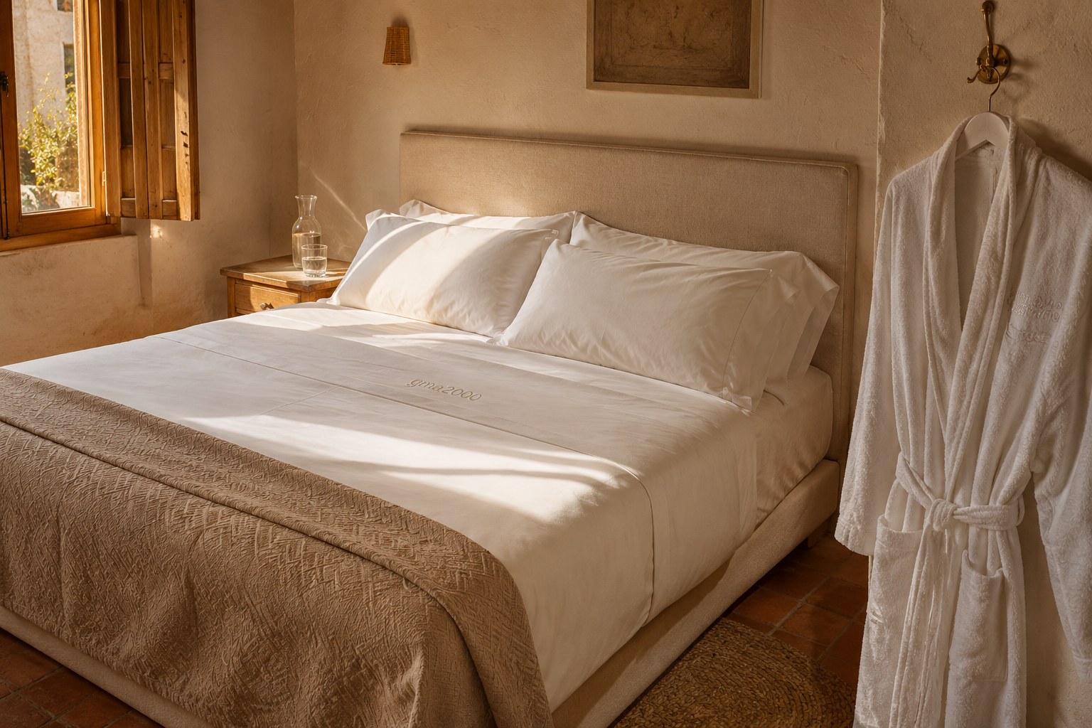 Hotel textile collection on a bed in warm light