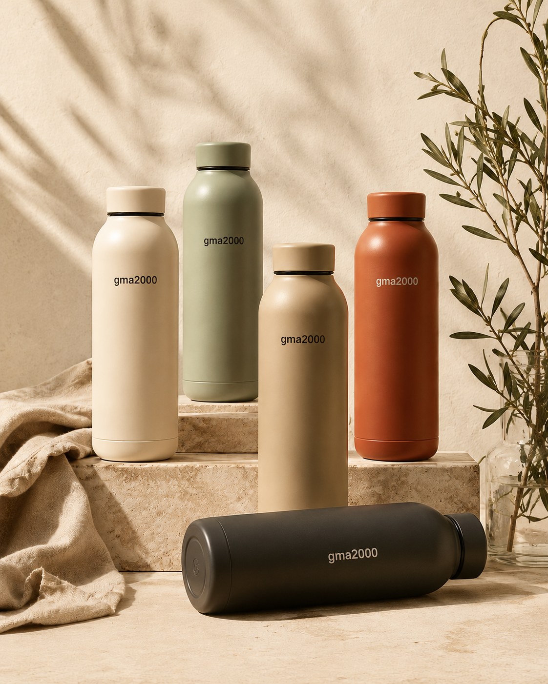 Custom thermal bottle on a warm studio background
